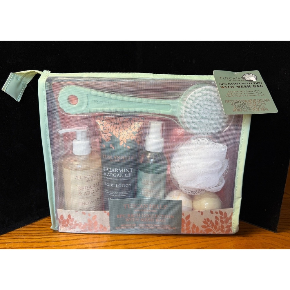 Tuscan Hills 8pc Bath Collection- Spearmint, Argan Oil, Mesh Bag Gift Set NEW